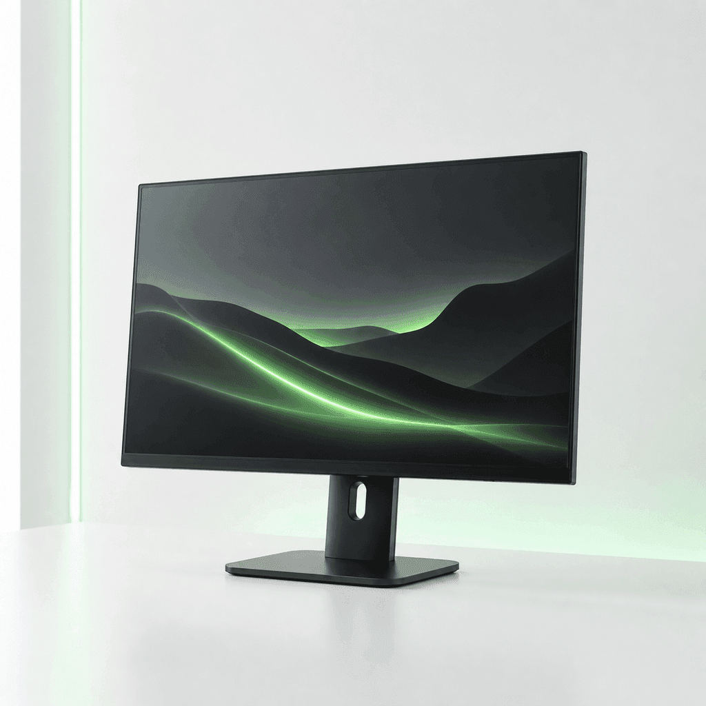 Modern thin-bezel monitor with lime-green abstract display