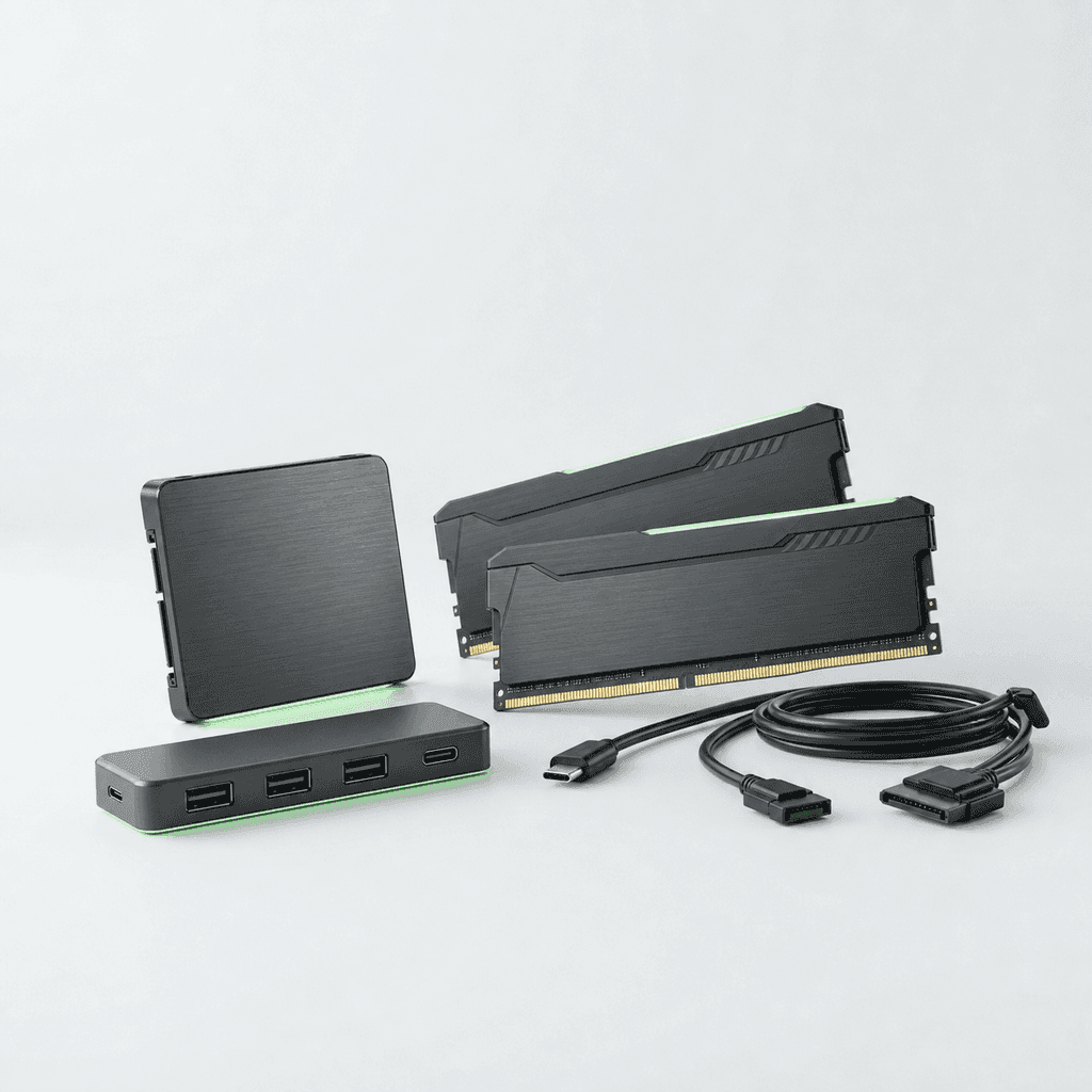Computer memory, storage, hub, and cables with lime-green accents