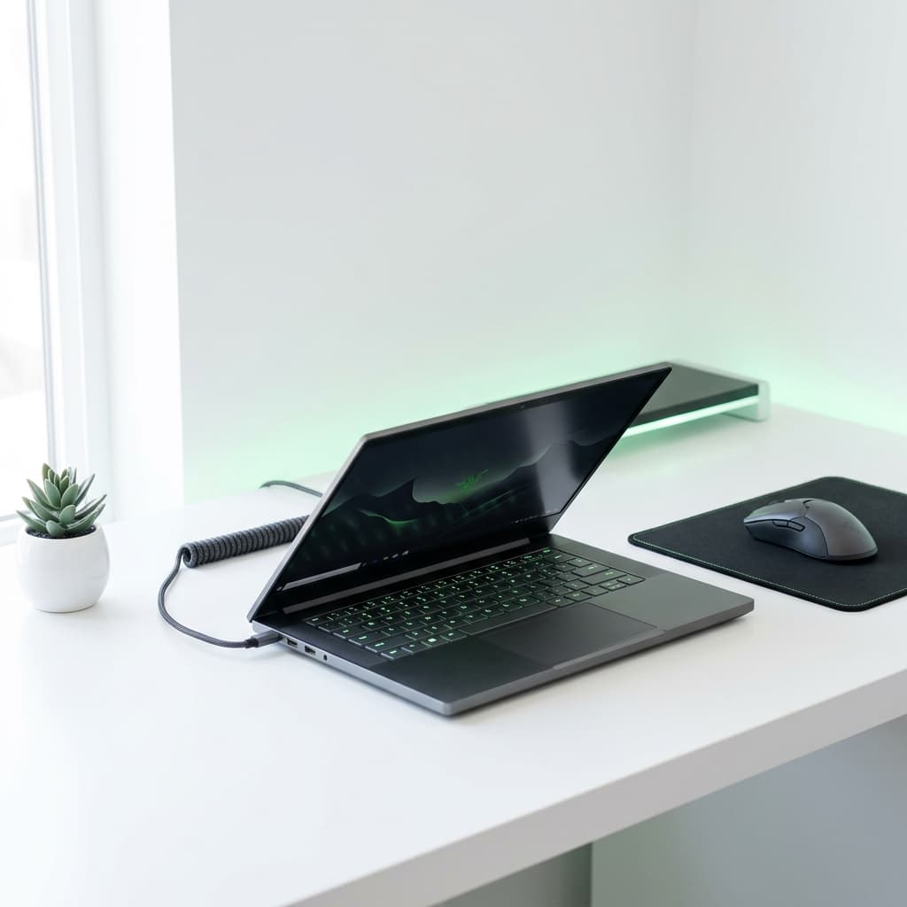 Gaming laptop and mouse on a modern desk